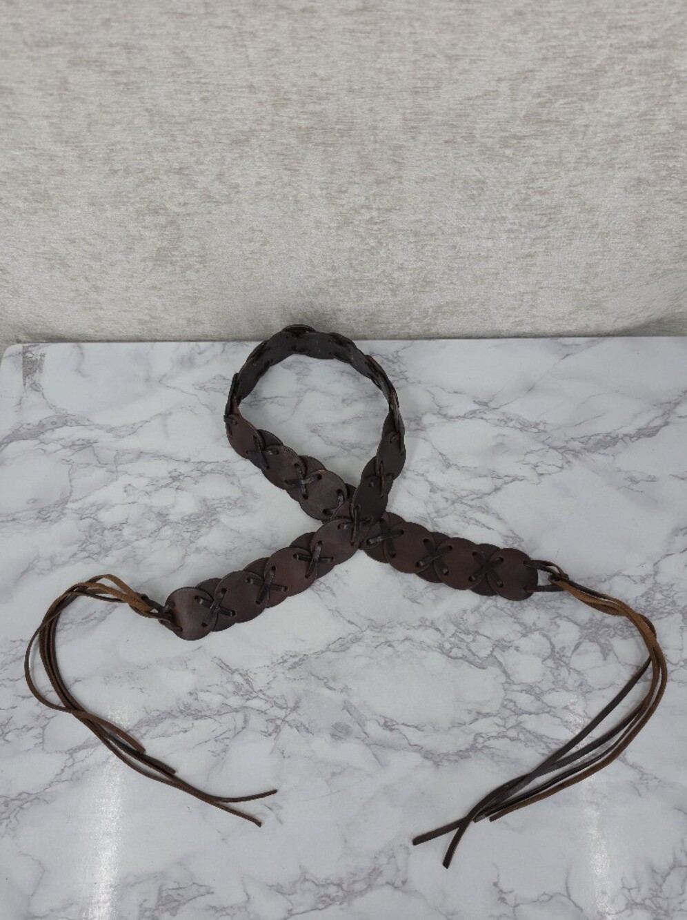Leather Round Medallion Disc Belt X Pattern Fringe Ties Western Boho